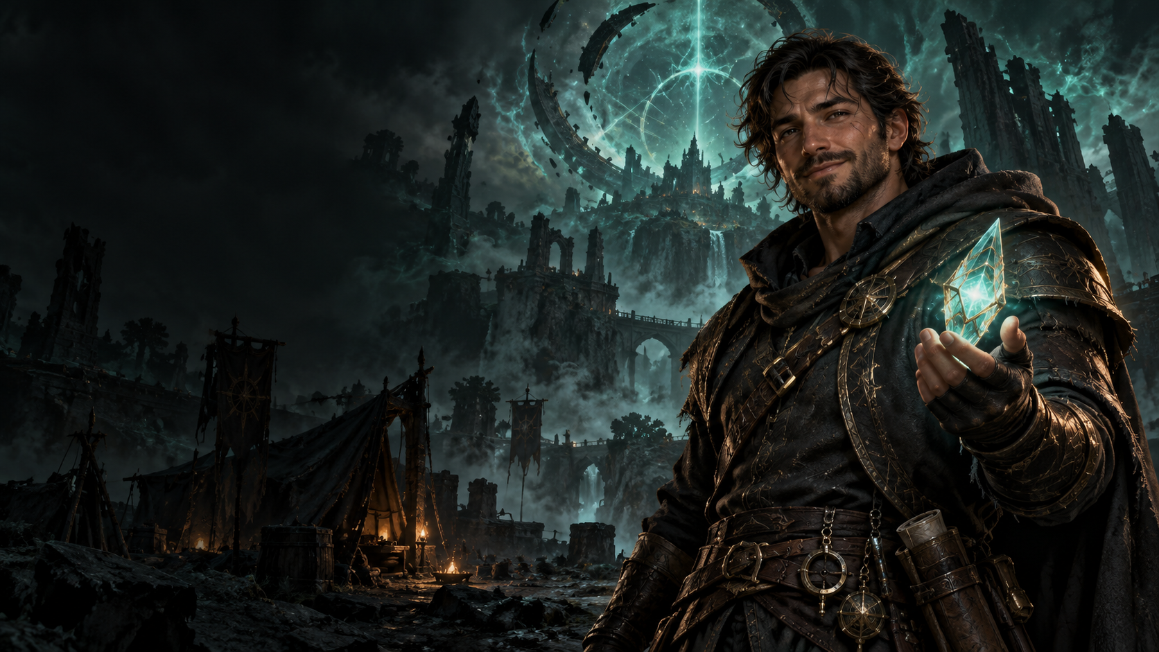 A welcoming adventurer holding a glowing teal crystal beneath an ancient atlas