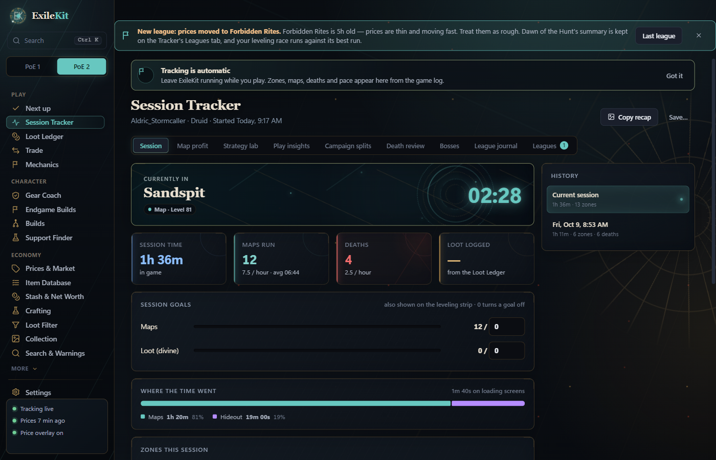 ExileKit session tracker showing a sample session, map count, deaths, and time spent in zones.